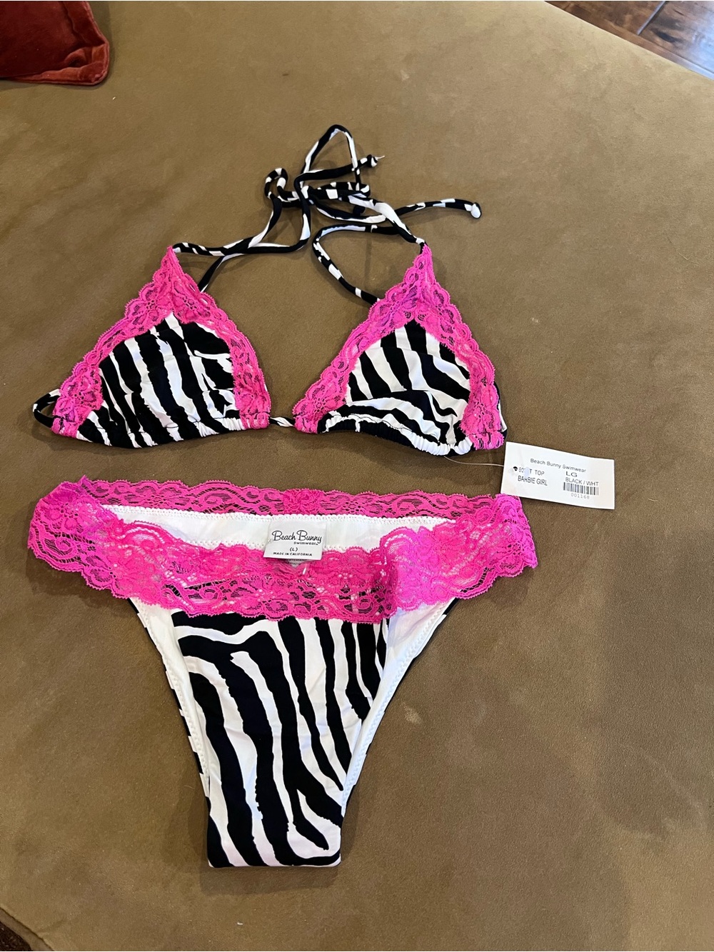 Beach Bunny Black & White Zebra Bikini with Hot Pink Lace